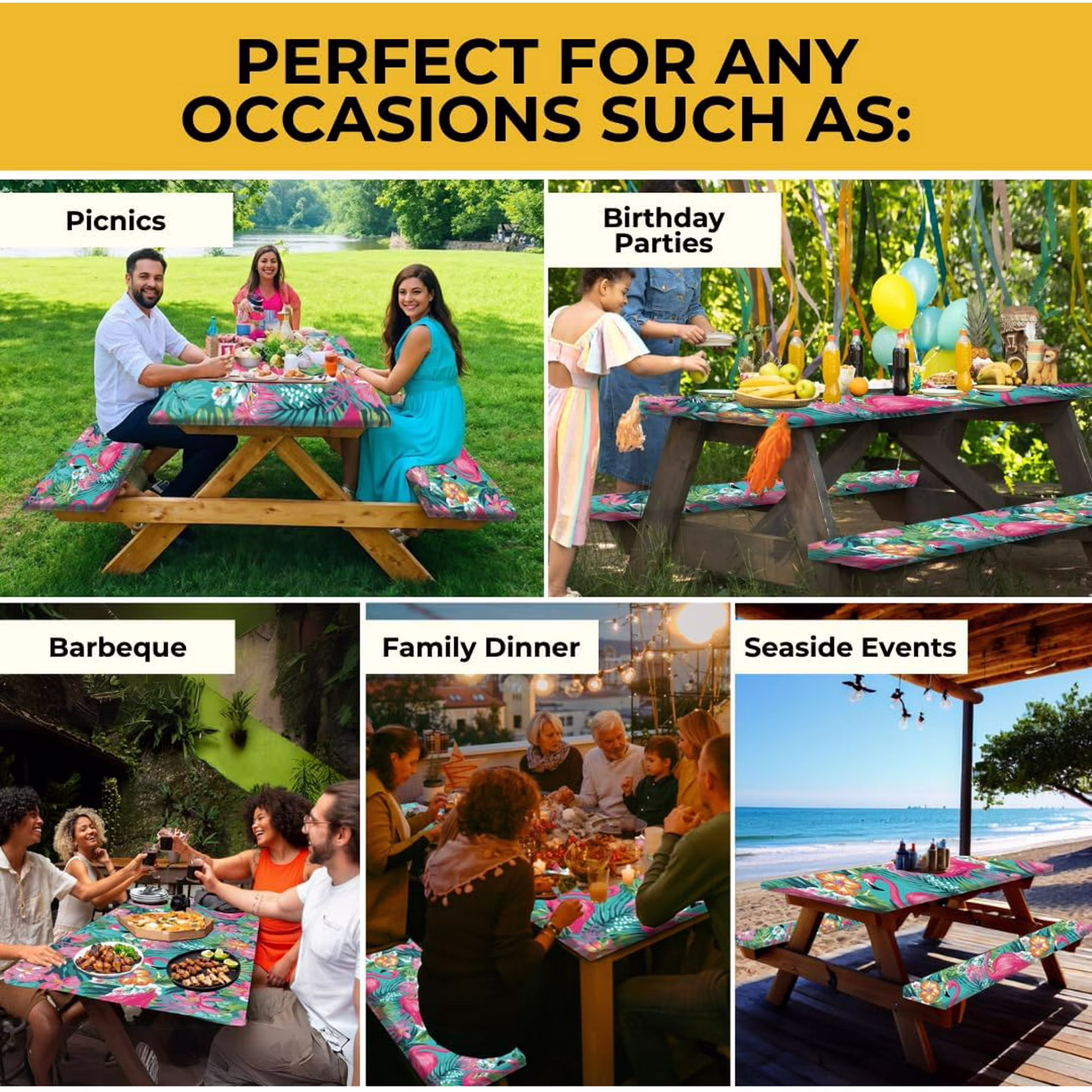 Reusable Waterproof Elastic Fitted Picnic Table Cover with 2 Bench Covers