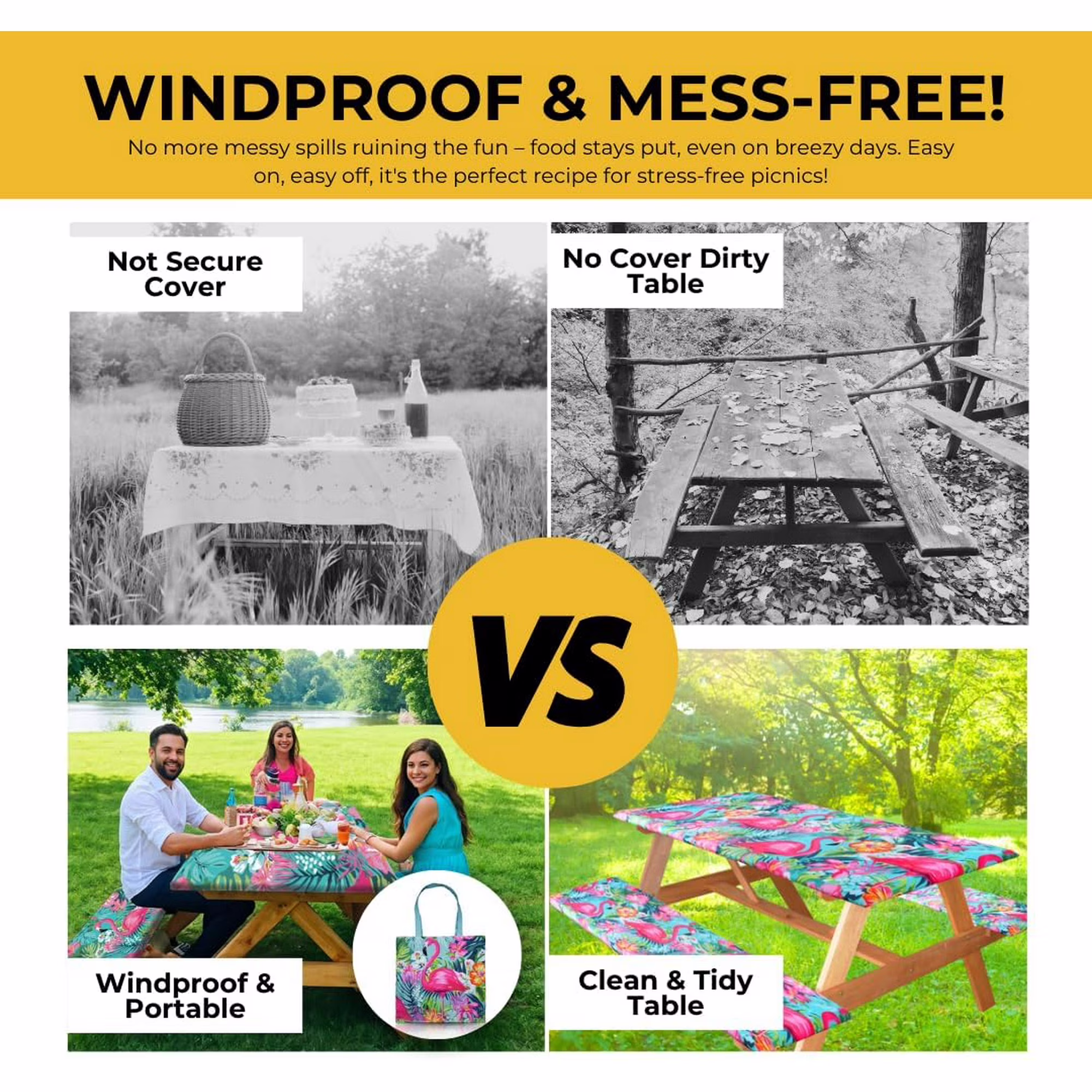 Reusable Waterproof Elastic Fitted Picnic Table Cover with 2 Bench Covers
