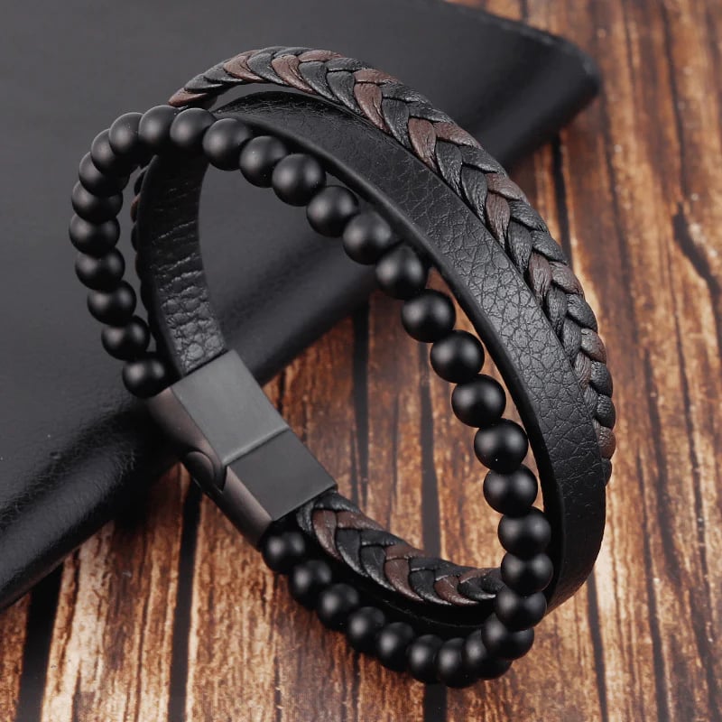 Promotion 49% OFFNatural Stone Obsidian Magnetic Buckle Men's Leather Bracelet